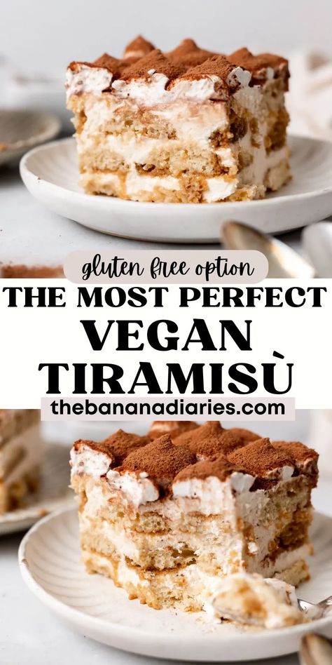 Quite literally the best vegan tiramisu you will ever make, this easy dairy free tiramisu is layered with espresso soaked homemade ladyfingers, creamy and rich vegan mascarpone filling, and topped with a dusting of cocoa powder. Tastes just like the classic Italian pick-me-up layered dessert! Dairy Free Tiramisu, Vegan Mascarpone, Tiramisu Coffee, Gluten Free Tiramisu, Vegan Tiramisu, Vegan Cake Recipes, Desserts Vegan, Tiramisu Recipe, Vegan Dessert Recipes