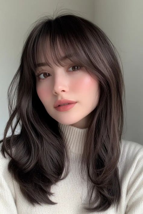 Woman with long brown hair and bangs, wearing a white sweater, looking directly at the camera. Straight Hair Bangs Medium, Wispy Bang Haircut, Face Framing Medium Hair, Jennie Haircut, Short Curtain Bangs Medium Hair, Medium Hair With Curtain Bangs, Straight Hair With Curtain Bangs, Curtain Bangs For Long Hair, Medium Lenth Hair