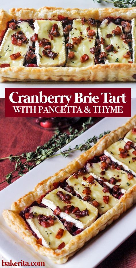 This Cranberry Brie Tart with Pancetta & Thyme is a delicious appetizer that's perfect for the holidays! It's a tasty twist on a traditional baked brie. It's easy to make, too! Christmas Entrees, Brie Tart, Cranberry Tart, Unique Appetizers, Cranberry Brie, Thanksgiving Brunch, Christmas Appetizers Party, Frozen Puff Pastry, Baked Brie