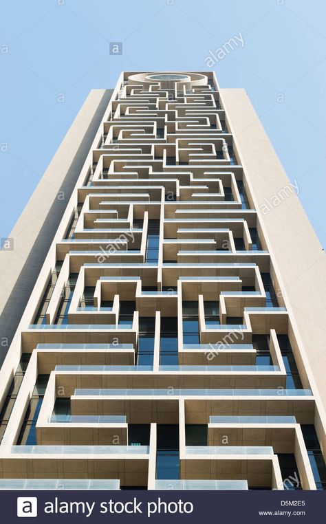 Detail of modern architectural details on new high-rise apartment building in Dubai United Arab Emirates Stock Photo Contemporary Architecture Design, Architecture Facade, Apartments Exterior, Apartment Exterior, Facade Architecture Design, Residential Building Design, High Rise Apartments, Building Elevation, Contemporary Building