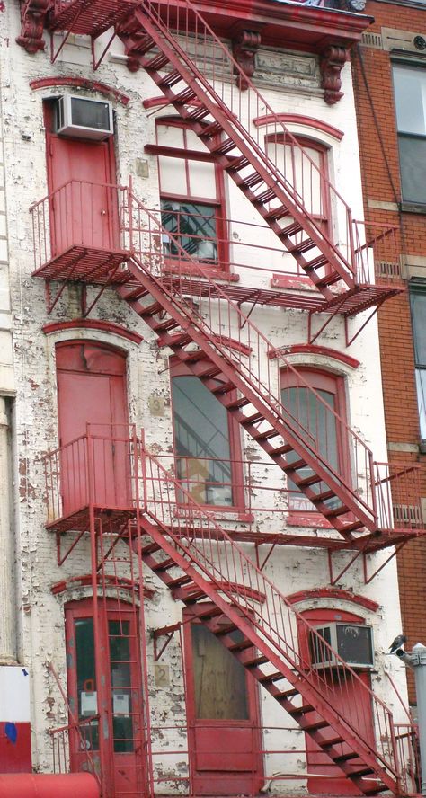 Pinned by Alexis Fire Escape Window, Fire Escape Apartment, Fire Escape Stairs, New York Apartment Fire Escape, New York Fire Escape Aesthetic, Exterior Stairs, Creation Photo, Metal Stairs, Fire Escape