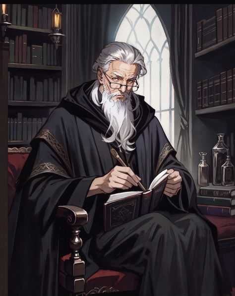 Dnd Old Man, Wizard Professor, Fantasy Librarian, Medieval Scholar, Wizard Drawings, Dnd Wizard, D D Classes, Pirate Art, Library Art