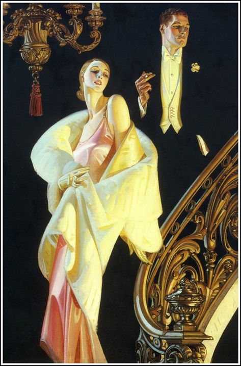 Art nouveau card woman and man walking dow stairs evening dress Vampire Club, J.c Leyendecker, Ap Portfolio, Arte Art Deco, Jc Leyendecker, Grafika Vintage, Affiches D'art Déco, Deco Poster, Art Deco Posters