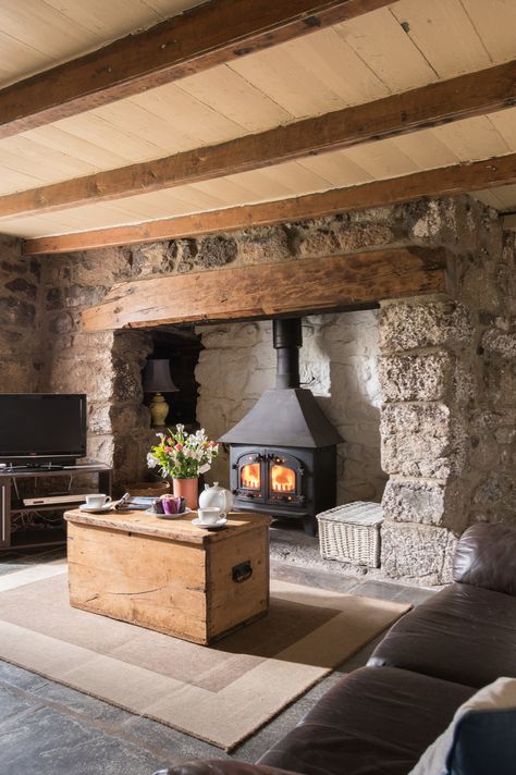 Kinsale, Cadgwith, Cornwall, Classic Cottages Irish Farmhouse Renovation, Fireplace Cottage, Irish Cottage Interiors, Small Country Cottage, Cottage Stairs, Stove Wall, Irish Farmhouse, Squash Court, Wood Stove Wall