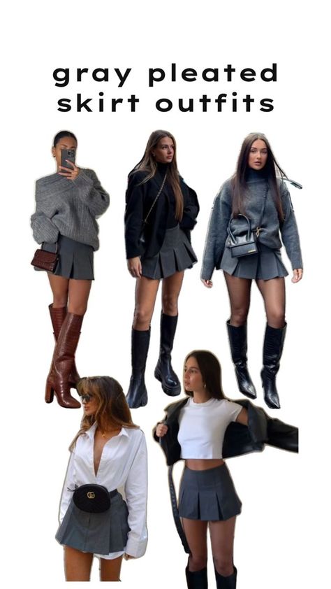 [SponsoredPost] 16 Impressive Outfit Ideas With Knee High Boots Winter Fashion Recommendations You Need To See This Summer #outfitideaswithkneehighbootswinterfashion Gray Pleated Skirt Outfit Winter, Gray Skirt Outfit Fall, Going Out Outfits New York City, Gray Skirt Fall Outfit, Gray Skater Skirt Outfit, Skirt Outfits Girly, Grey Pleated Skirt Outfit Winter, Mini Skirt Outfit Pleated, Styling Grey Skirt