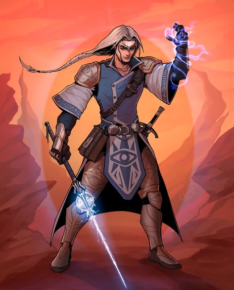 Spellblade Character Art, Spelljammer Character Art, Staves Ideas, Battle Wizard, Eldritch Knight, Types Of Magic, Pathfinder Character, Fiction Idea, Fantasy Sci Fi