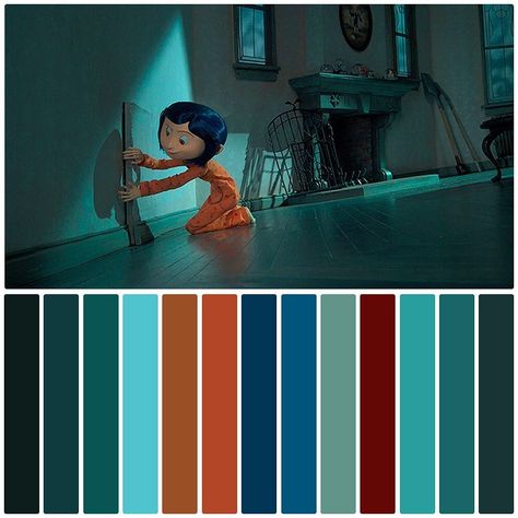 Coraline Coraline Color Palette, Color In Film, Movie Color Palette, Cinema Colours, Color Script, Disney Colors, Color Film, Blue Colour Palette, Color Palette Design