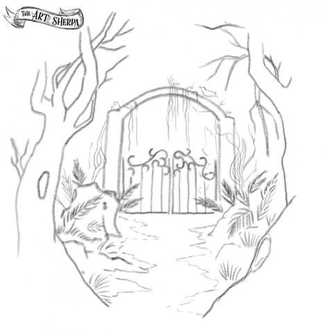 Magic Fantasy Garden Gate Traceable - The Art Sherpa Community | The Art Sherpa Fairy Gate, Fairy Garden Drawing, Shakespeare Midsummer Night's Dream, Painting For Beginners Videos, Forest Sketch, Landscape Pencil Drawings, Art Sherpa, The Art Sherpa, Forest Drawing