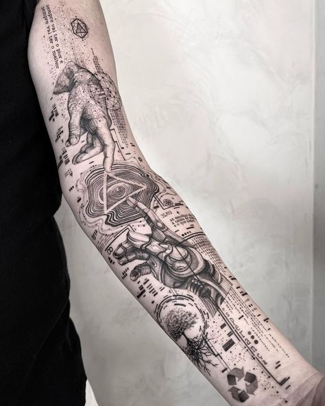 Surrealist Tattoo, Arm Tattoos For Guys Forearm, Geometric Tattoo Sleeve Designs, Alchemy Tattoo, Tattoos To Cover Scars, Full Tattoo, Torso Tattoos, Key Tattoos, Forearm Band Tattoos