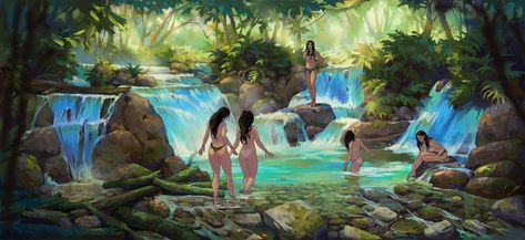 ArtStation - Amazon Bathers, Poulsta Star Draw Jungle, Waterfall Drawing, Jungle Waterfall, Jungle Drawing, Waterfall Background, Jungle Background, Jungle Photography, Waterfall Paintings, Tropical Painting