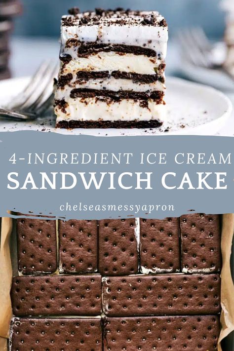 Four-ingredient Ice Cream Sandwich Cake is made with ice cream sandwiches, cookies-and-cream ice cream, and a crushed Oreo whipped cream topping! #dessert #best #quick #easy #simple #treat #fouringredient #icecream #sandwich #cake Homemade Ice Cream Cake With Ice Cream Sandwiches, Ice Cream Cake Made With Ice Cream Sandwiches, Ice Cream Cake With Ice Cream Sandwiches, Oreo Squares, Ice Cream Cake Recipe Easy, Easy Ice Cream Sandwich Cake, Oreo Whipped Cream, Ice Cream Sandwich Cake Recipe, Cake With Ice Cream