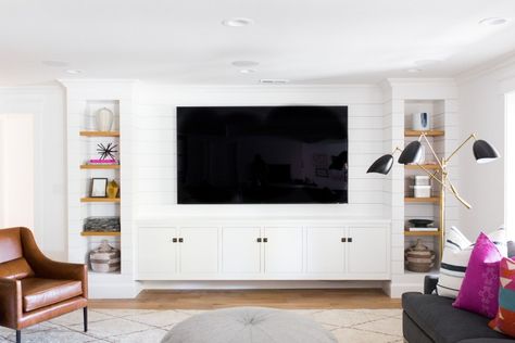 Our DIY shiplapped tv wall built ins reveal – almafied.com Basement Built Ins, Basement Family Rooms, Living Pool, Built In Entertainment Center, Living Tv, Play Kitchens, Basement Kitchen, Entertaining Decor, Entertainment Center Decor