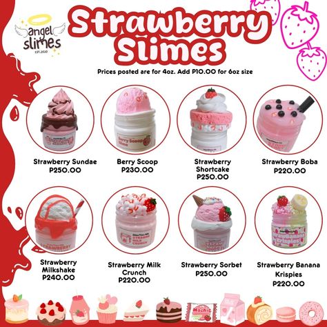 🚨 NOTE: Most recent prices supersedes all else 💡 >_~ more here ~_< . . . Didn't realize we have so much strawberry slimes until this post. We got a couple more designs but some were not much of a slimer's favourite so didn't include here anymore Tags: #slime #slimeshops #slimeschool #slimeph #slimephilippines Strawberry Banana Milkshake, Strawberry Sundae, Strawberry Sorbet, Slime Shops, Strawberry Milk, Slime, A Couple, Tags