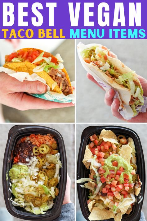 This list has everything you need to eat vegan at Taco Bell. You seriously won't believe how many Taco Bell vegan items there are! Taco Bell by far has the best vegan fast food options and... Vegetarian Taco Bell Recipes, Fast Food Vegetarian Options, Vegetarian Fast Food Options, Taco Bell Order, Vegan Taco Bell, Vegan Take Out, Taco Bell Menu, Vegan Fast Food Options, Vegetarian Taco