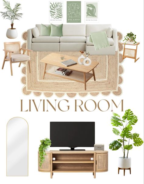 I created this living room mood board for the apartment I'm moving into soon! It has tons of boho elements like rattan, bamboo, light wood, sage green, plants, straw/rattan rug and natural light! Shop most of these items in my Amazon storefront linked below Sage Boho Living Room, Sage Green Apartment Decor, Boho Green Living Room, Green Apartment Decor, Sage Green Plants, Boho Mood Board, Rattan Rug, Sage Green Living Room Ideas, Boho Living Room Decor Ideas