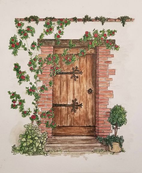 Cottage Door - my first watercolor in a very long time Front Door Watercolor, Door Drawing, European Doors, Cottage Door, Bird Houses Painted, Flower Festival, Watercolor Ideas, Color Painting, Fairytale Art