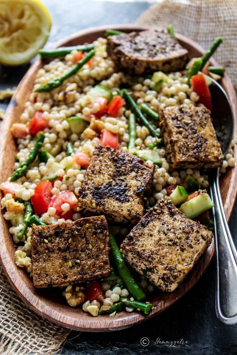 Couscous with dill-lemon dressing and zaatar-crusted tofu — Yummy Yatra Lemon Couscous, Pearl Couscous, Couscous Salad, Large Salad Bowl, English Cucumber, Fresh Dill, Lemon Dress, Couscous, Salad Bowls