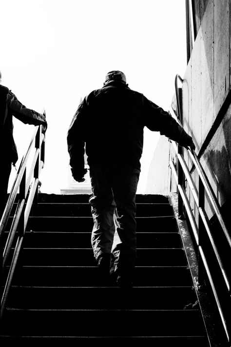 SAFE and elderly-friendly walkways  Handrail - An elderly man walks up stairs at #Stratton Mountain in #VT #Vermont #NE #NewEngland  #streetphotography #photography #street #streetslopes #vsco #vscofilm #bw #blackandwhite #50mm #silhouette Man Walking Up Stairs To Heaven Tattoo, Man Walking Up Stairs, Stairs Photography, Walking Up Stairs, Larger Piece Jigsaw Puzzles, Photographing People, Man Silhouette, Up Stairs, Vsco Film