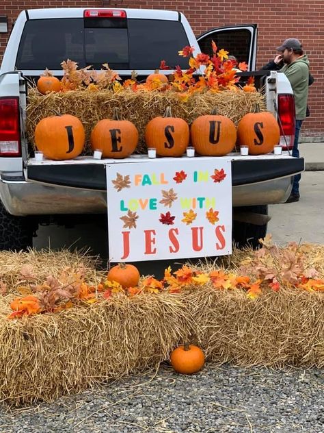 Jesus Is The Sweetest Name I Know Trunk Or Treat, Falloween Jesus Trunk Or Treat, Fall In Love With Jesus Trunk Or Treat, Christian Themed Trunk Or Treat Ideas, Pumpkin Patch Trunk Or Treat, Christian Trunk Or Treat Ideas For Cars, Church Trunk Or Treat Ideas, Christian Halloween Treats, Easy Trunk Or Treat Ideas