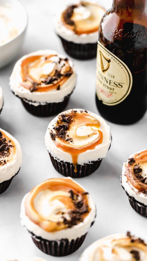 These Guinness Chocolate Cupcakes have to be the BEST EVER chocolate cupcakes. No joke. They're even topped with a delicious salted caramel buttercream. #chocolatecupcakes #guinnesschocolatecake #cupcakerecipe #butternutbakery Caramel Buttercream Recipe, Guinness Cupcakes, Butternut Bakery, Salted Caramel Buttercream, Boozy Cupcakes, Guinness Chocolate, Best Chocolate Cupcakes, Salted Caramels, Chocolate Cupcakes Moist