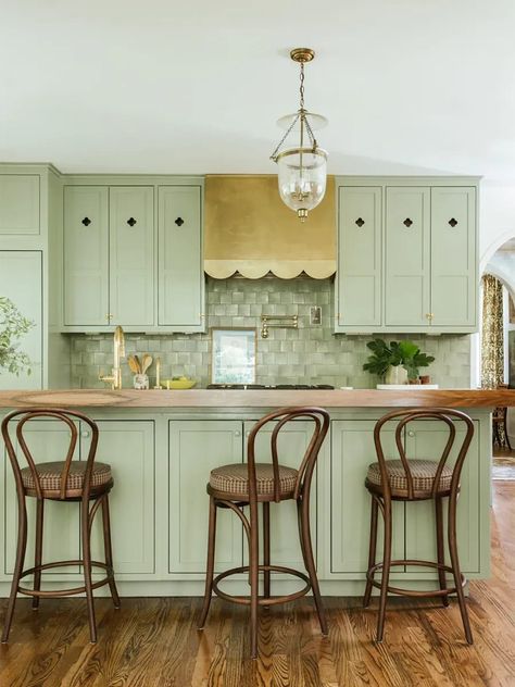 Sage Green Kitchen, Green Kitchen Cabinets, Green Cabinets, Atlanta Homes, Built In Desk, Green Kitchen, Range Hood, Painting Cabinets, Design Help