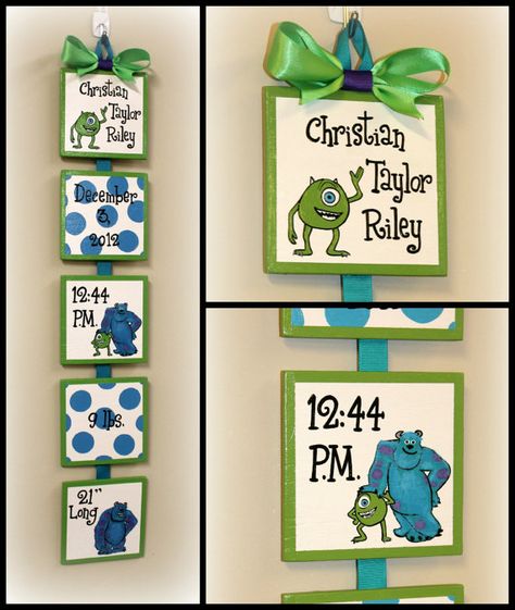 Disney Monsters Inc Style Birth Announcement by SimplySignsByJess Monsters Inc Office Decorations, Pixar Nursery Theme, Monsters Inc Canister Diy, Monsters Inc Room, Monsters Inc Nursery, Boy Nursery Themes Disney Monsters Inc, Monster Nursery, Monsters Inc Baby Shower, Monsters Inc Baby