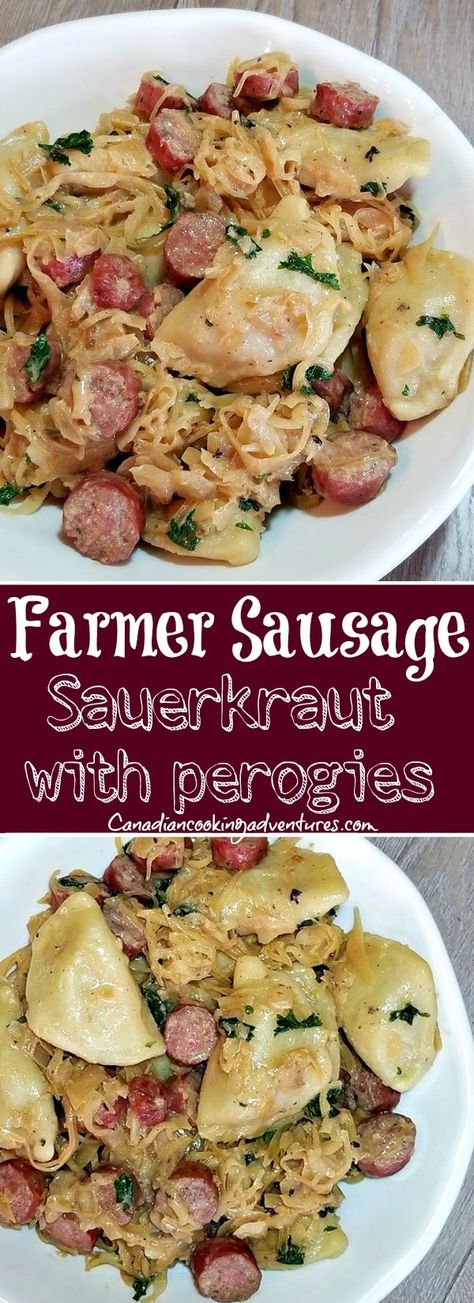 Farmer Sausage Skillet with Perogies Farmer Sausage, Sausage Skillet, German Food Authentic, Pierogi Recipe, European Dishes, Eastern European Recipes, Sauerkraut Recipes, Mango Chutney, European Food