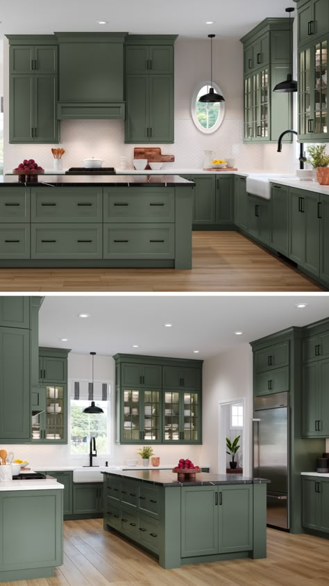 Green Kitchen Interior, Maple Kitchen Cabinets, Sage Green Kitchen, Maple Kitchen, Kitchen Designer, Green Kitchen Cabinets, U Shaped Kitchen, Inspiration Kitchen, Remodel Inspiration