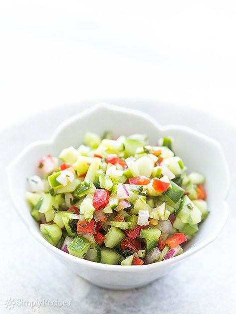 Confetti Cucumber Salsa ~ Summer fresh garden salsa with cucumbers, red bell peppers, onion, jalapeño, and mint ~ SimplyRecipes.com #salsa #gluten-free #lowcarb #vegan Fresh Garden Salsa, Cucumber Relish Recipes, Cucumber Salsa Recipe, Oven Cooking Recipes, Cucumber Onion Salad, Garden Salsa, Cucumber Salsa, Homemade Salsa Recipe, Salsa Ingredients