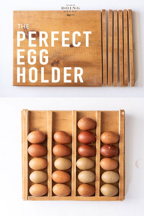 Too big, too small, too ugly, doesn't keep old eggs separated from new eggs. These are ALL the things I didn't like about all of my old egg holders. So I made one that ticks all the boxes.  And the best part is it's easy.  You need is a board, some glue and a saw. #eggholder #eggs #backyardchickens #eggbasket via @artofdoingstuff Fresh Egg Holder Wall Mounted, Wall Mounted Egg Holder, Diy Stackable Wood Egg Holder, Wall Mount Egg Storage, Egg Storage Diy, Egg Skelter Diy, Countertop Egg Holder, Eggs Storage Ideas, Wall Egg Holder