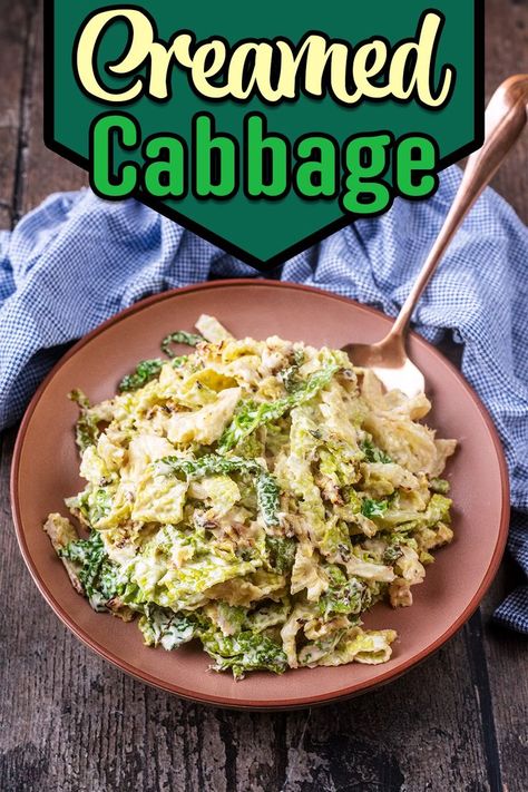 a bowl of creamed cabbage with a text overlay title. Cream Cabbage, Creamy Cabbage, Creamed Cabbage, Cabbage Side Dish, Vegetarian Slow Cooker Recipes, Healthy Christmas Recipes, Shredded Cabbage, Healthy Potato Recipes, Vegetarian Soup Recipes