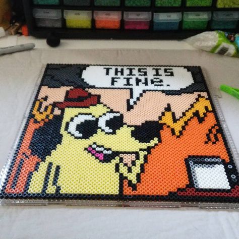 Made this for my wife to hang up at work!#ThisIsFine #ThisIsFineDog #ThisIsFineDogMeme #Perler #PerlerBeads #PerlerArt #PerlerBeadArt #Handmade #PerlerProject #ArtsAndCrafts #ReadyToIron #NotMyDesign This Is Fine Dog, Perler Creations, Nerd Crafts, Pearl Beads Pattern, Perler Art, 8bit Art, Hama Beads Design, Perler Crafts, Perler Bead Templates