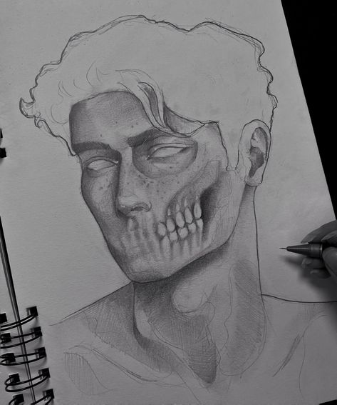 Half Skeleton Face Drawing, Half Human Half Skull, Skull Mask Drawing, Makeup Guys, Half Skull, Ap Studio Art, Drawings Ideas, Boy Face, Art Painting Gallery