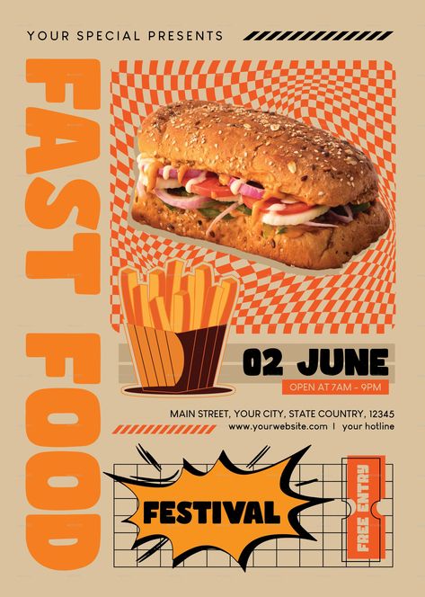 Fast Food Party Flyer Sponsored By Poster, Fast Food Restaurant Design Ideas, Baps Photoshoot, Foodfest Poster, New Menu Poster Design, Flyer Advertisement Design, Fast Food Branding Design, Fast Food Graphic Design, Food Standee Design