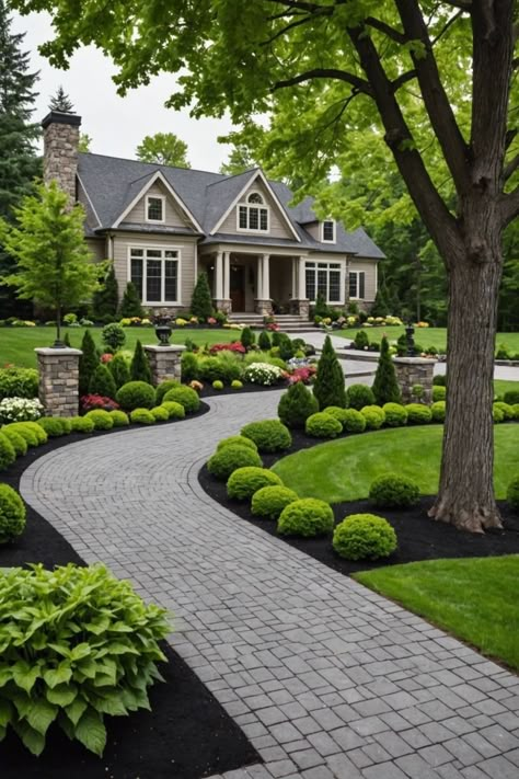 Side Driveway Ideas, Trees Front Yard Landscaping, U Shape Driveway Landscaping, Long Driveway Landscaping, Side Of Driveway Landscaping, Estate Landscaping, Front Lawn Landscape Ideas, Driveway Entry Landscaping, Curb Appeal Inspiration