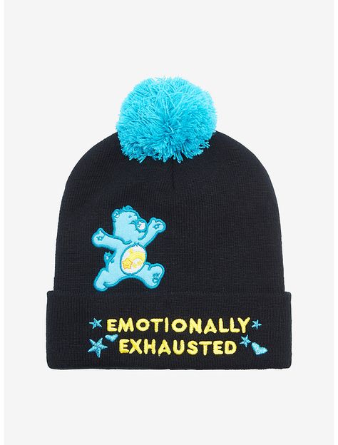 Care Bear Wish Bear Emotionally Exhausted Pom Beanie Staring Into Space, Hot Topic Store, Sweater Care, Cool Beanies, The Care Bears, Holiday Hoodies, Fandom Outfits, Hairdos For Curly Hair, Bear Hat