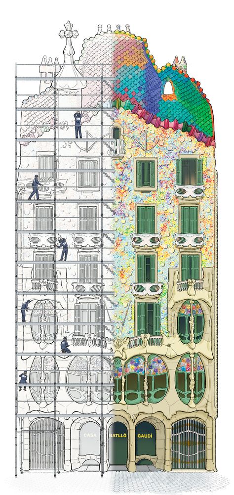 Batllo_façade_illustration Casa Batllo Sketch, Building Facade Illustration, Casa Batllo Interior, Casa Batllo Drawing, Gaudi Aesthetic, Building Illustration Architecture, Casa Batllo Barcelona, Gaudi Art, Gaudi Mosaic