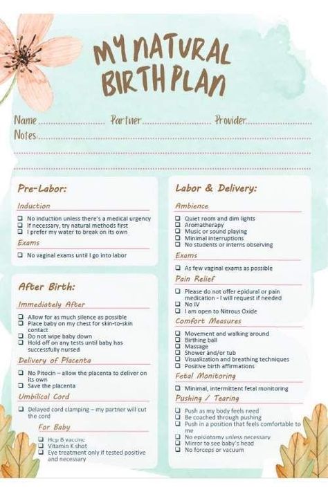 Home Birth To Do List, At Home Birth Plan, Birth Plan Home Birth, All Natural Birth Plan, Birth Center Birth Plan, Natural Hospital Birth Plan, Non Medicated Birth, Tips For A Natural Birth, Crunchy Birth Plan