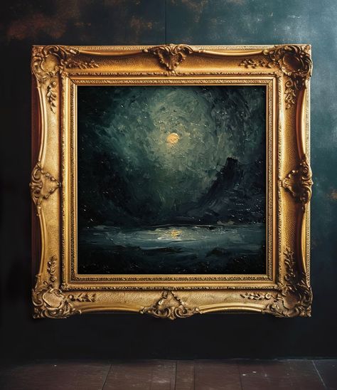 Moonlight Aesthetic Dark, Oil Painting Moon, Moonlit Lake, Dark Academia Wall Art, Academia Wall Art, Dark Academia Aesthetics, Landscape Dark, Dark Academia Wall, Art Victorian