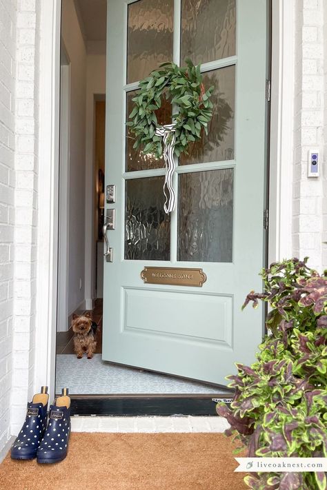 Front Porch Refresh Rug, Sage Green Front Door from Live Oak Nest Sage Green Front Door, Front Porch Refresh, French Cottage Home, French Country Mirrors, Country Front Door, Porch Refresh, Front Porch Summer, French Front Doors, Country Cottage Homes