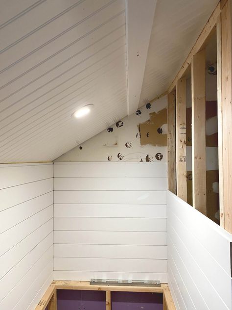 DIY Bead Board Ceiling & Shiplap in the Master Bath - Lehman Lane Shiplap And Beadboard Bathroom, Shiplap Slanted Ceiling, Shiplap Sloped Ceiling, Beadboard Ceiling Bathroom, Angled Ceiling Bathroom, Drop Ceiling Options, Mountain Bedrooms, Slanted Ceiling Bathroom, Ceiling Shiplap