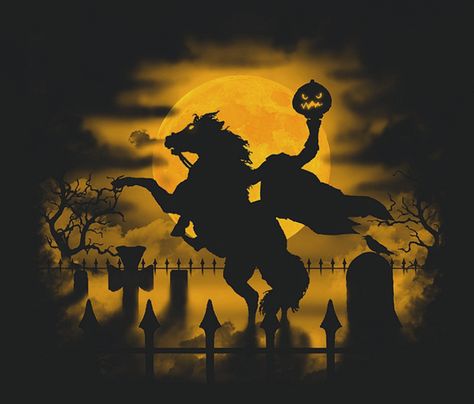 Haunted Mansion Halloween, Vintage Halloween Images, The Legend Of Sleepy Hollow, Halloween Shirt Design, Halloween Eve, Dark Disney, Headless Horseman, Halloween Artwork, Vintage Halloween Decorations