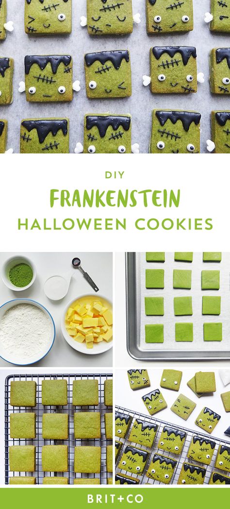 Cute Halloween Cookies Easy, Green Halloween Cookies, Spooky Cookies Easy, Green Cookies Recipes, Halloween Sandwich Cookies, Green Halloween Snacks, Frankenstein Snacks, Frankenstein Dessert, Frankenstein Oreos