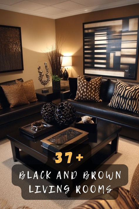 Discover 37 stunning black and brown living room ideas that combine elegance and warmth. 🖤🤎 These designs feature striking contrasts, rich textures, and sophisticated layouts that transform your space into a stylish retreat. Want stunning contrast? Click to explore all the stunning ideas! #BlackAndBrown #LivingRoomDesign #StunningContrast #ElegantSpaces #RichTextures Black Sofa Living Room Decor Ideas Luxe, Brown Tan Black Living Room, Living Room Paint Color Ideas With Brown Furniture Leather Couches, Brown Cream And Gold Living Room, Beige Walls Black Furniture, Living Room With Brown Leather Sofa, Black Brown Beige Living Room, Black Sectional Living Room Ideas Decor, Chocolate Couch Living Room Ideas