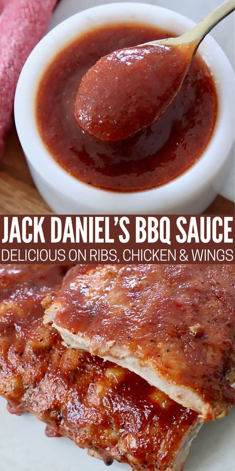 If you're looking for a homemade bbq sauce that's sticky sweet and delicious, look no further than this recipe for Jack Daniels BBQ Sauce! The whiskey is simmered down to add a hint of spice and smoke to this sweet barbecue sauce that's rich in flavor. It's easy to make and delicious brushed on ribs, tossed with chicken strips, or used as a dipping sauce! Whiskey Bbq Sauce Recipes, Sticky Bbq Sauce, Jack Daniels Bbq Sauce, Pork Rub Recipe, Babyback Ribs Recipe, Dipping Sauces For Chicken, Homemade Bbq Sauce, Bbq Sauces, Bbq Smoker