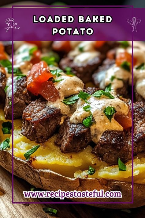 A hearty and delicious meal that pairs tender, flavorful steak bites with creamy, cheesy loaded baked potatoes. Perfect for a satisfying dinner! Loaded Baked Potato With Steak, Baked Potato With Steak, Parmesan Cream Sauce, Loaded Baked Potato, Loaded Baked Potatoes, Steak Bites, Quick Weeknight Meals, Baked Potatoes, Cajun Seasoning