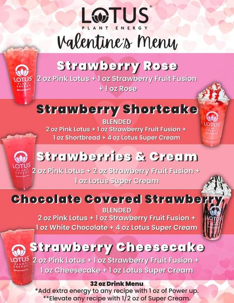 Strawberry Lotus Drink, Tiki Breeze Energy Recipes, Valentine’s Day Lotus Drinks, Valentine Lotus Drinks, Pink Lotus Drink Recipes, Red Lotus Drink Recipes, Lotus Recipes Drink, Lotus Drinks Recipes, Lotus Flavor Combos