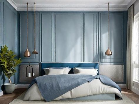 Blue And Silver Bedroom Ideas, Blue Hues Bedroom, Blue And Silver Bedroom, Silver Bedroom Ideas, Silver Bedroom Furniture, Bedroom Ideas Elegant, Grey And Gold Bedroom, Blue White Bedroom, Metal Bedroom