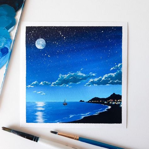 Quick Acrylic Painting, Art Deco Website, Canvas Painting Techniques, Night Sky Drawing, Moonlit Beach, Drawing Sky, Canvas Art For Sale, Night Sky Art, Beach Drawing