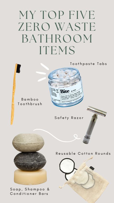 Zero Waste Bathroom Items: safety razor, toothpaste tabs, reusable cotton rounds, shampoo bars, and bamboo toothbrush Zero Waste Bathroom, Waste Free Living, Zero Waste Swaps, Environmentally Friendly Living, Zero Waste Store, Homemade Cleaning Supplies, Solid Shampoo Bar, Eco Store, Eco Life